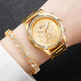 Women Steel Gold Color Quartz Watch & Diamond Bracelet