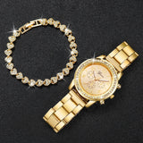 Women Steel Gold Color Quartz Watch & Diamond Bracelet